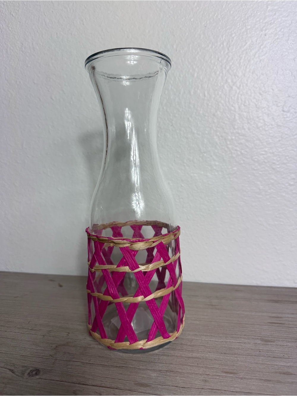 Hobby Lobby Clear Glass Carafe with Pink Woven Sleeve